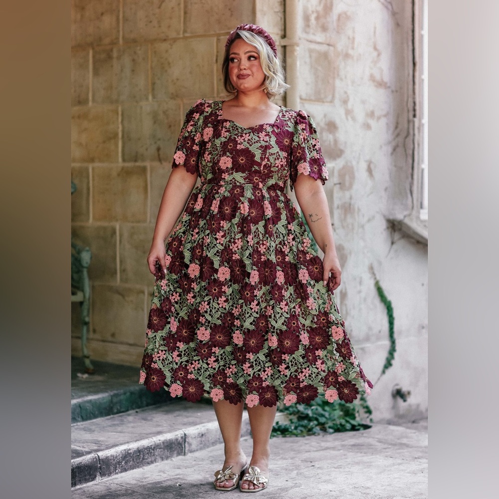 JessaKae Burgundy and Pink Floral Midi Dress
